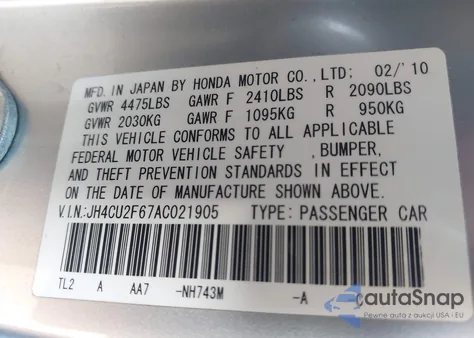 2010 Acura Tsx 2.4 z USA, uszkodzony, nr VIN JH4CU2F67AC021905